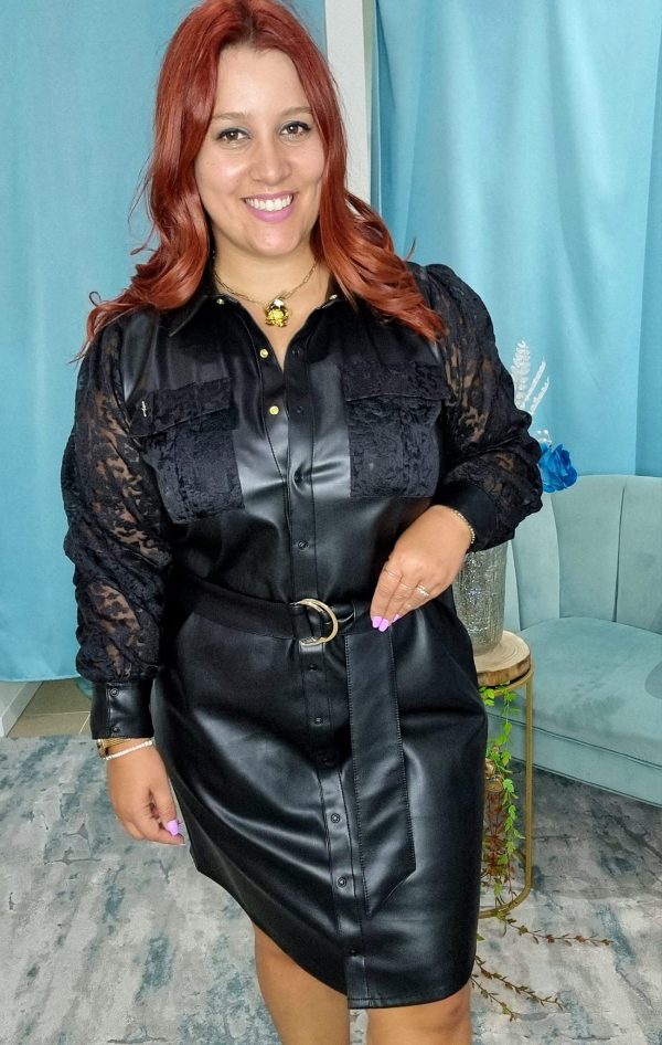 Vestido midi de napa com renda Bigzone - Image 5