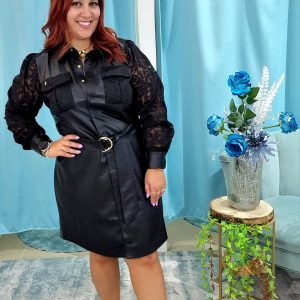 Vestido midi de napa com renda Bigzone